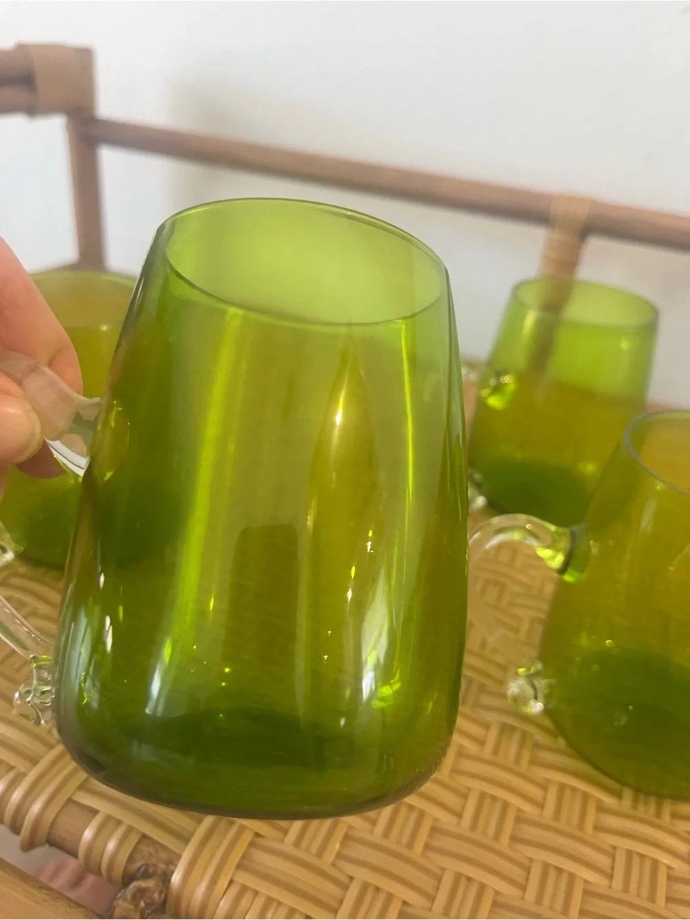 Vintage Mid-Century Modern Hand Blown Glass Supplied Handle Mugs Set Of Six